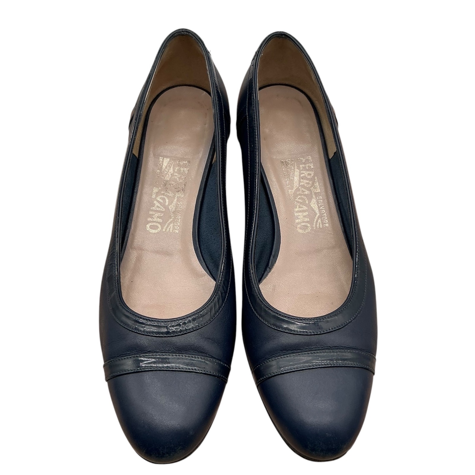Salvatore Ferragamo Navy Blue Leather Block Heel Pumps 338r Women Size 7 B